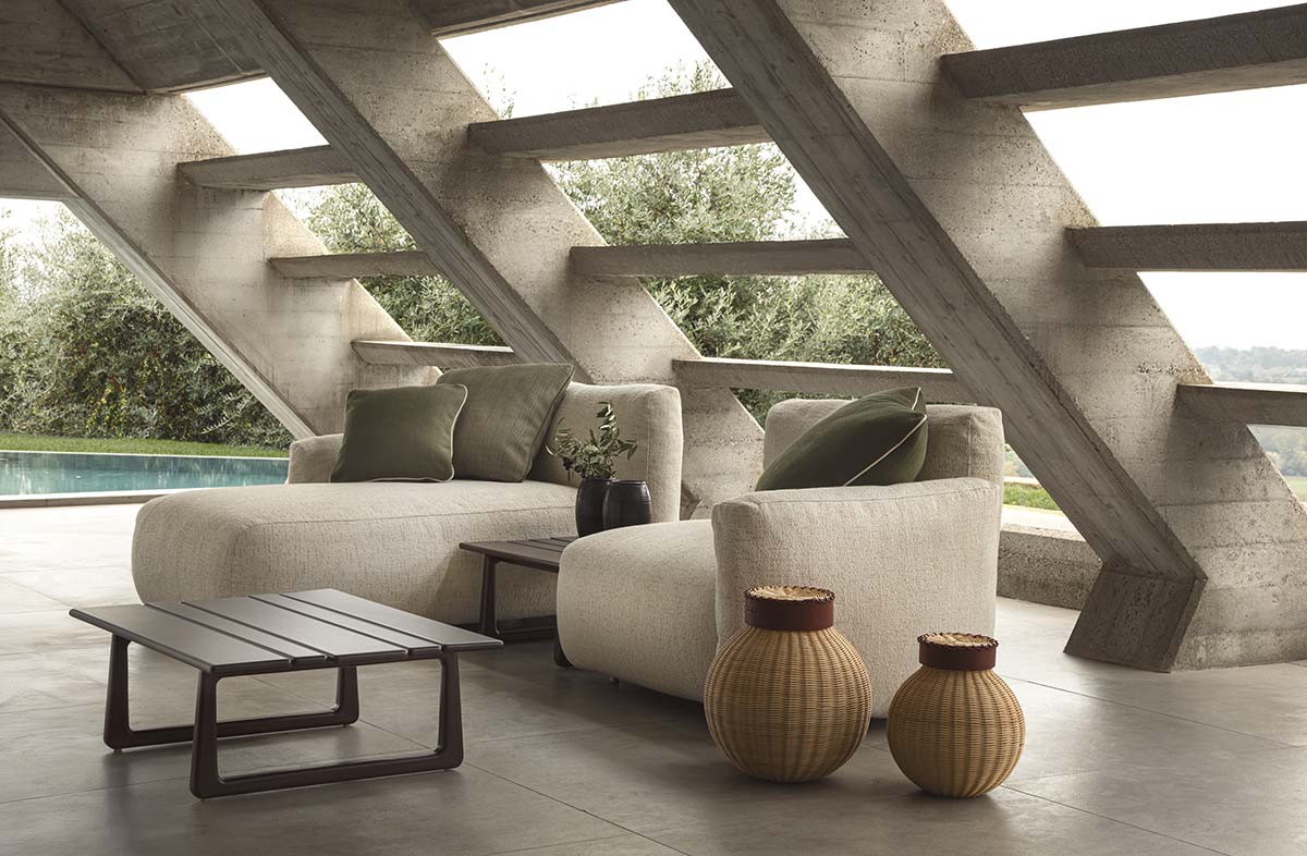 Loro Piana Interiors, The Delight Chairs by Exteta, Modular Sofa, Chaise Longue and Wooden Coffee Table - Design Paola Navone Otto Studio