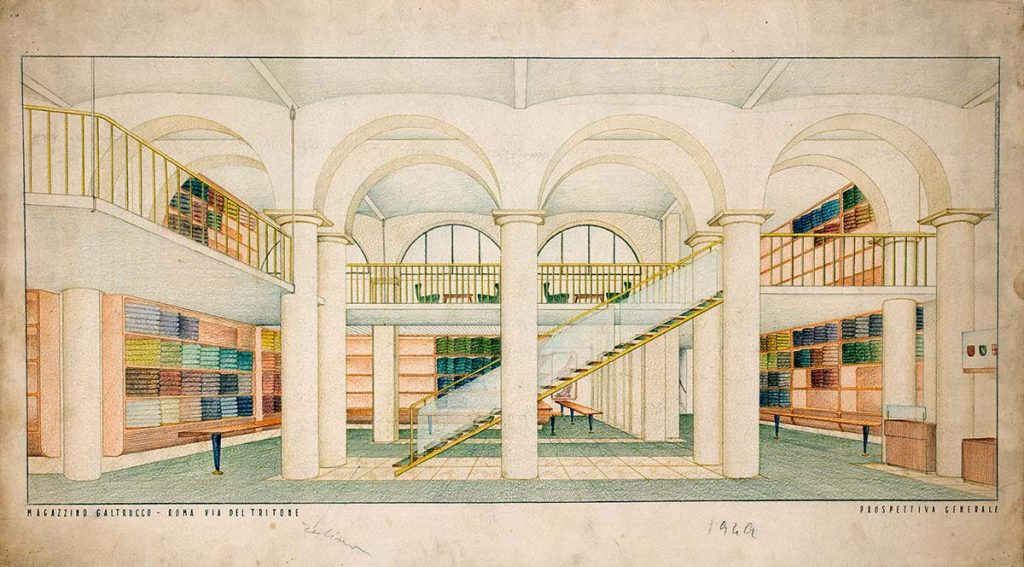 Выставка с тканями и модным набросом из магазина Galtrucco - © Archivi Farabola